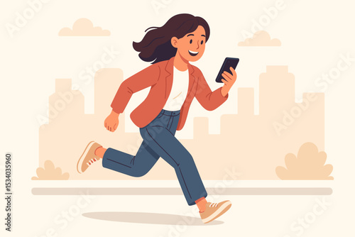 Young happy woman running on a city street while looking at her smartphone. Modern lifestyle on the go concept. Cheerful girl with mobile phone. Busy urban life vector character.