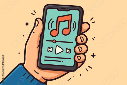 Cartoon hand holding smartphone with music streaming app. Listening to a playlist on a mobile device. Audio player interface with song note and controls. Digital media concept vector.