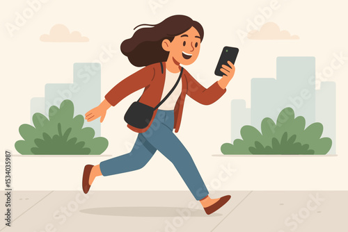 Happy young woman running in the city while looking at her smartphone. Concept of modern lifestyle, technology, communication on the go, social media, good news, and happiness.