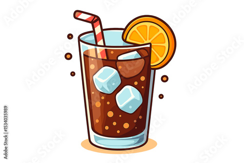 Chilled glass of cola soda with ice cubes and orange slice. Refreshing fizzy drink with bubbles and striped straw. Cold summer beverage cartoon vector illustration for menu design.