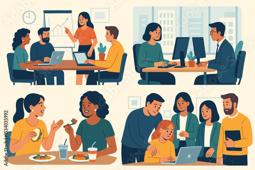 Corporate office dynamics illustration set. Diverse business team in a meeting with a growth chart. Colleagues working at desks, having lunch, and collaborating on a project. Vector.
