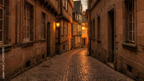 Quaint cobblestone alleyway at dusk with warm lights