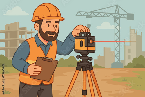 Surveyor engineer working on a construction site using a laser level on a tripod. Professional builder character measuring with geodetic equipment. Topography and cartography concept.