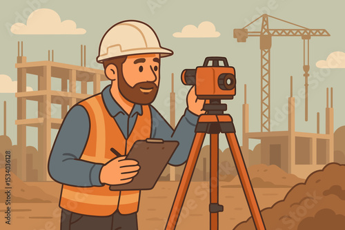 Surveyor using a theodolite for land measurement on a construction site. Civil engineer or builder with clipboard and laser level on a tripod. Geodetic survey concept illustration.