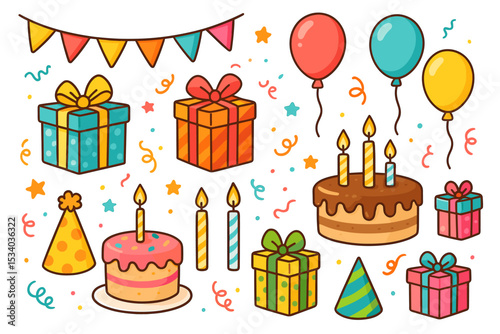Birthday party elements set. Cute cartoon vector illustration collection with cake, gift boxes, balloons, candles, and party hats. Happy birthday celebration design icons isolated.