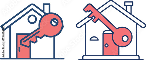 Illustration of a house outline with a red key inserted into the door on a white background scene