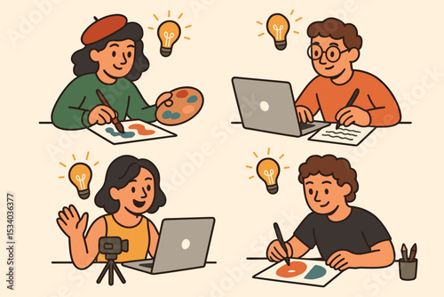 Collection of creative freelancers at work. Artist painting, writer using laptop, vlogger with camera, designer drawing. Cartoon character set with idea lightbulbs for inspiration.