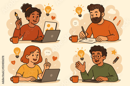 Creative people work concept illustration set. Diverse freelance team brainstorming. Cartoon designer, writer, artist characters with laptop and lightbulb idea symbol. Remote job.