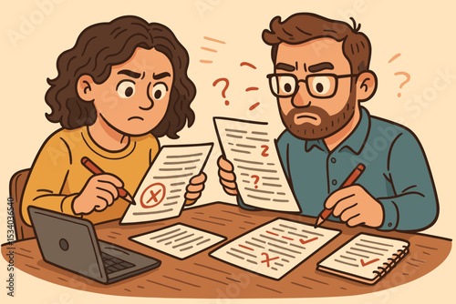 Stressed editors proofreading documents, marking errors with red pen. Confused colleagues fact-checking a manuscript. Concept of teamwork, journalism, collaboration and deadline pressure.
