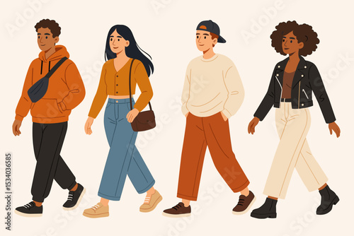 Group of diverse young people walking together. Trendy fashion students in casual street style clothes. Modern flat vector illustration of multicultural friends community.