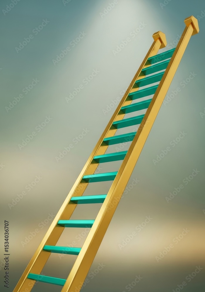Golden Ladder to Success - A gold ladder with teal steps ascends against a blurred background, symbolizing ambition and upward mobility Golden Ladder to Success - A gold ladder with teal steps ascends against a blurred background, symbolizing ambition and upward mobility