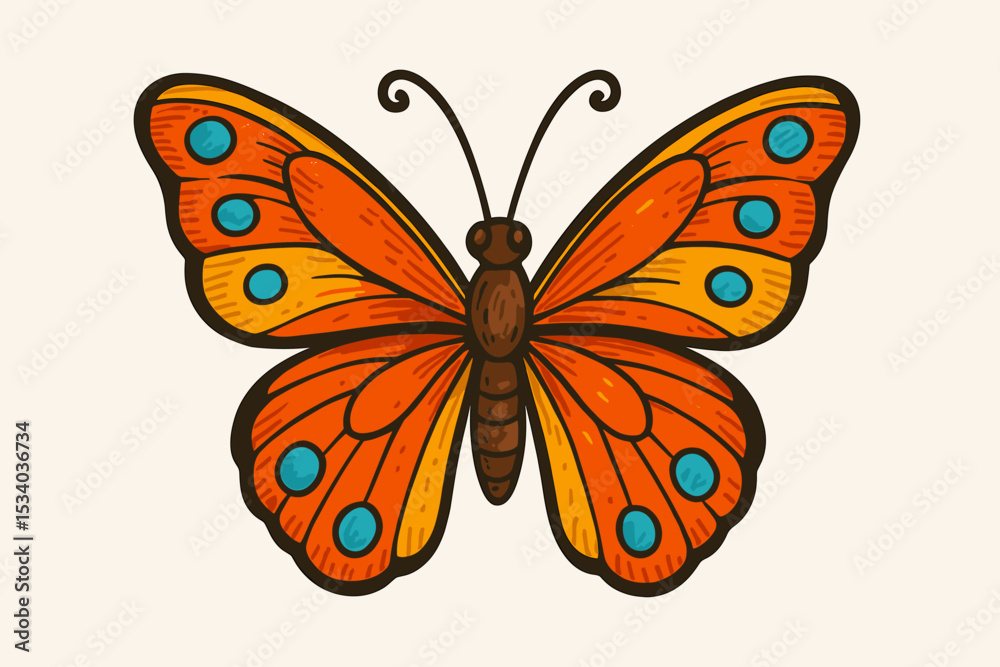 Retro butterfly vector illustration in a classic woodcut print style. Colorful orange insect emblem with decorative wings. Old school tattoo art. Natural isolated graphic symbol.