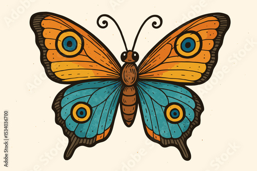 Butterfly illustration in traditional tattoo style. Old school insect art. Retro graphic with orange and blue wings and eyespots. Vintage entomology design for print or sticker.