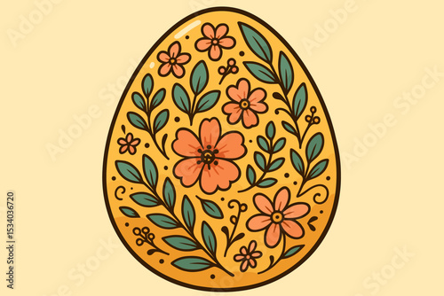 Vector illustration of a decorated Easter egg with a floral pattern. Hand-drawn spring holiday symbol with flowers and leaves. Folk art style ornament for celebration and greeting cards.