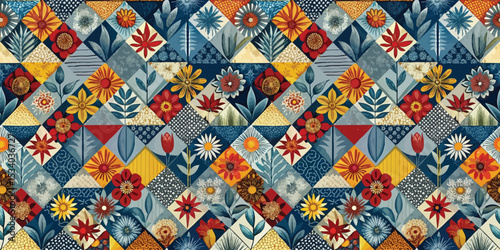 Vibrant floral patchwork design featuring colorful patterns and textures.