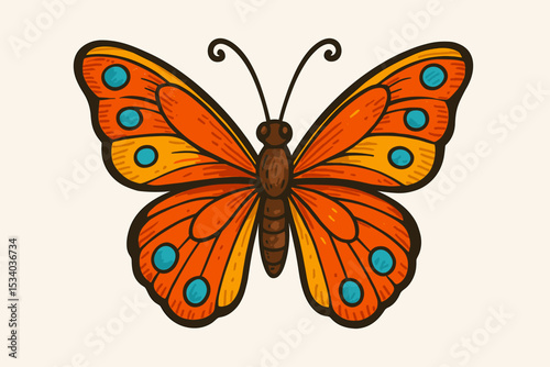 Retro butterfly vector illustration in a classic woodcut print style. Colorful orange insect emblem with decorative wings. Old school tattoo art. Natural isolated graphic symbol.