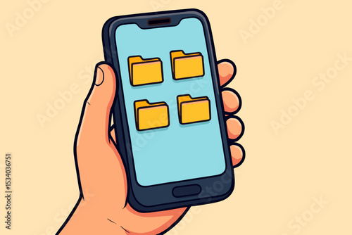 Hand holding smartphone with folder icons on screen. Concept for file management, data storage, and digital organization. Mobile app for documents. Cartoon vector illustration.