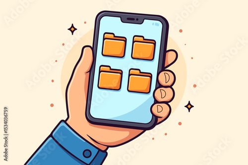 Hand holding smartphone with folder icons on screen. Concept of file management, data organization, and digital storage. Mobile app interface for documents. Vector cartoon illustration.