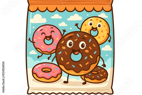Cute cartoon donut characters in a bag. Happy sweet food mascots for bakery and pastry packaging. Vector illustration of chocolate and pink frosted donuts with sprinkles. Funny snack.