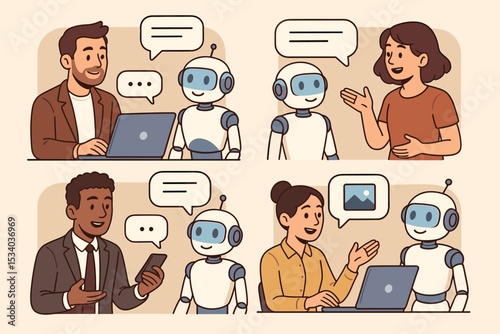 AI communication illustration set. People talking with a chatbot robot. Human and AI assistant conversation concept for customer service, online support, and technical assistance.
