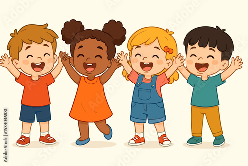 Group of happy multicultural children celebrating together. Diverse kids, boys and girls, laughing and cheering. Cute cartoon vector illustration for friendship and joy concept.