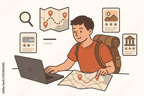 Man planning travel itinerary online with laptop. Tourist with backpack researching destination, booking hotel and flights. Vacation journey concept with map, reviews, and search.