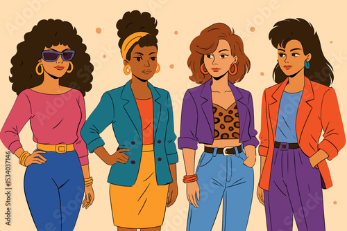 Diverse group of women in 80s fashion style. Retro vector illustration of multiethnic friends in vibrant, colorful outfits. 1980s clothing revival, nostalgia, eighties characters.
