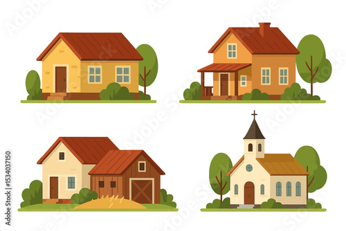 Set of rural countryside buildings. Collection includes cute cartoon houses, a farmhouse with a barn, and a village church. Suburban architecture vector icons for real estate. Isolated flat design.
