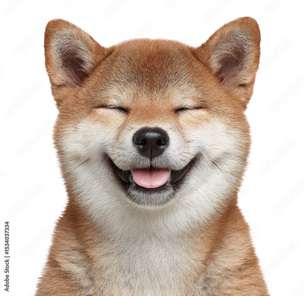 Fototapeta premium Smiling Shiba Inu doge with closed eyes image isolated transparent. Lovable japanese breed dog with tongue out cut out photo png. Friendly pet asian domestic animal cutout photography