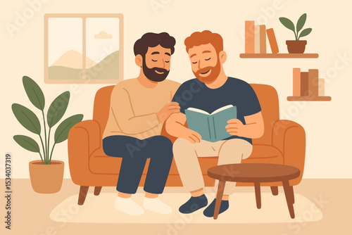 Gay couple reading a book together on the sofa. Two men in love relaxing at home. Cozy living room scene. LGBTQ+ relationship and lifestyle vector illustration. Intimate moment.