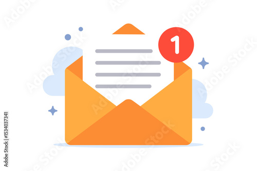New email message notification icon. Open envelope with a letter inside and a red counter showing one unread mail. Digital communication, inbox alert, newsletter vector concept.