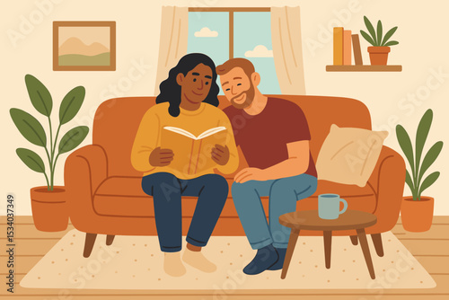 Interracial couple reading a book together on the sofa. Cozy home scene with man and woman relaxing in the living room. Concept of love, relationship, shared hobbies and leisure.