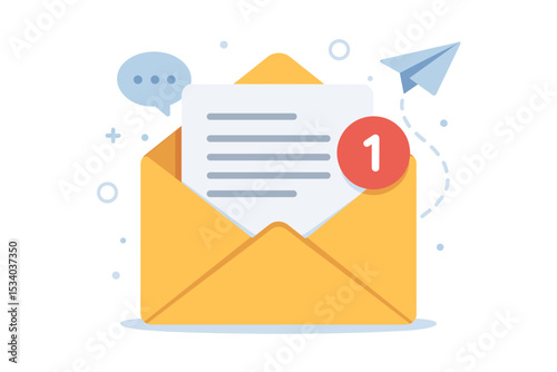 One new email message notification concept. Open yellow envelope with letter and alert counter. Digital mailbox, inbox, newsletter, and online communication vector illustration.