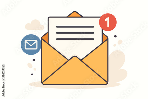 Email notification vector icon showing one new message. Open yellow envelope with letter and red alert bubble. Inbox mail concept for digital communication, online marketing, newsletter.
