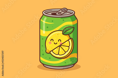 Cute kawaii lemon soda can cartoon vector illustration. Happy smiling citrus fruit mascot on a green aluminum beverage container for fresh lemonade or soft drink packaging design.