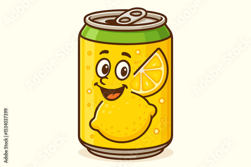 Cute lemon soda can cartoon character. Happy smiling lemonade beverage mascot with citrus fruit. Funny soft drink aluminum can vector illustration isolated on white background.
