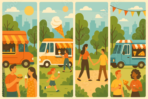 Summer food festival vector illustration banner set. Diverse people enjoying street food in a city park from food trucks. Family and couples eating pizza, burgers, and ice cream.
