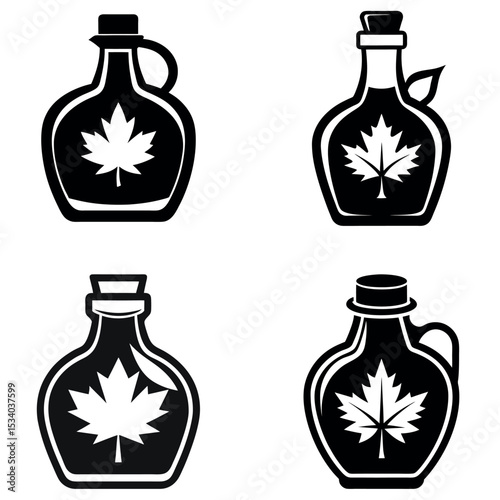 Black and White of Four Maple Syrup Bottles with Maple Leaf Icon
