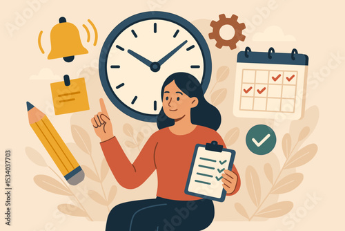 Efficient time management and business planning concept. Woman with clock, calendar and checklist. Productivity, task organization, scheduling work, and meeting deadline vector.