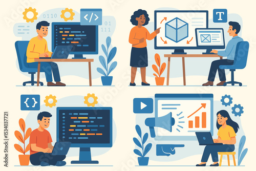 IT business illustration set. Programmers coding software and web developers at work in office. Digital marketing team analyzing data. Teamwork and technology business concepts.