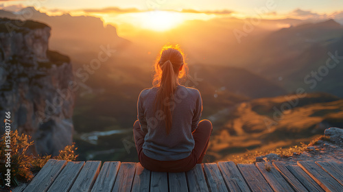 Picture from the back of a woman sitting on wooden porch extending into a high mountain