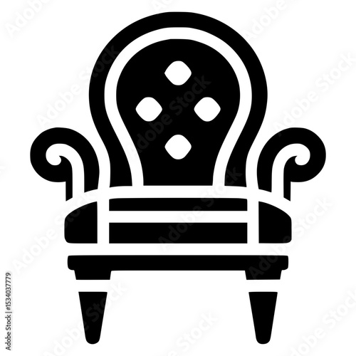 Black and white icon of cozy armchair in classic style, traditional living room furniture silhouette, vintage home interior element

