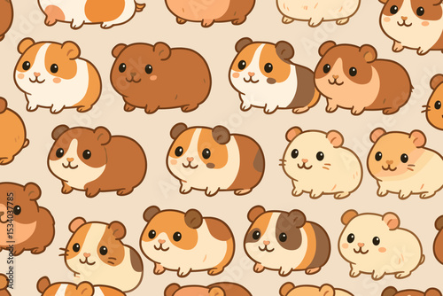 Cute guinea pig seamless pattern. Kawaii cartoon animal background with adorable pet rodents. Vector illustration for kids, baby nursery decor, fabric print, and wallpaper design.