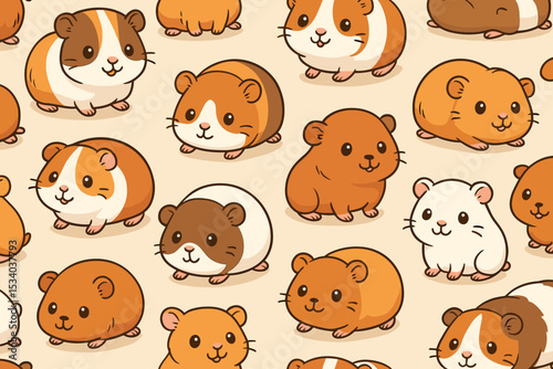 Kawaii guinea pig seamless pattern background. Cute cartoon animal characters in a repeating design. Adorable domestic pets for kids, textile, wallpaper, or nursery decoration.
