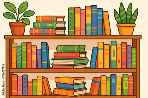 Bookshelf with colorful books and houseplants. Vector illustration for library, education, literature, or bookstore concept. Home interior decor background. Reading and knowledge symbol.