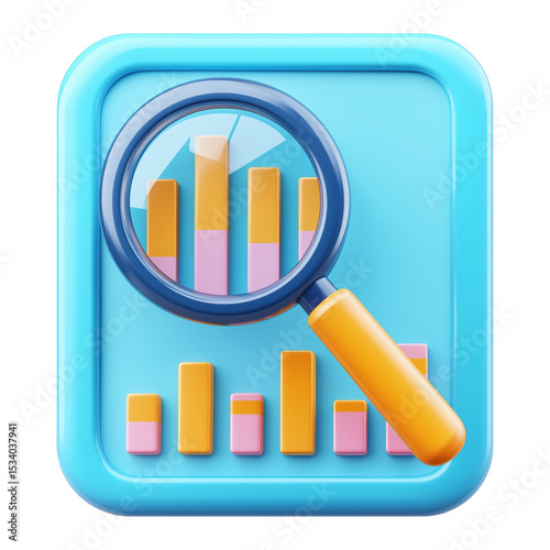 Blue panel displaying bar graphs with loupe transparent image. Analysis summary. Performance metrics isolated cutout 3d render. Digital research cut out clipart design element png