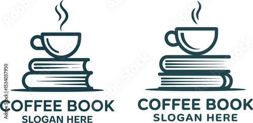 Illustration of a coffee cup with steam on top of a stack of books with text coffee book slogan here