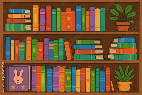 Bookshelf with colorful books and house plants. Cute cartoon vector illustration of a home library or bookstore interior. Background for education, learning, knowledge, literature.