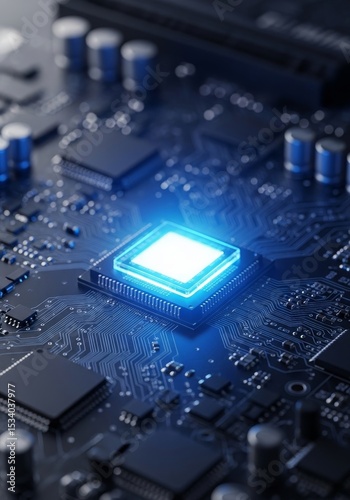 Illuminated Circuit Board Technology - Close-up view of a glowing microprocessor on a circuit board, showcasing intricate details and technological advancement