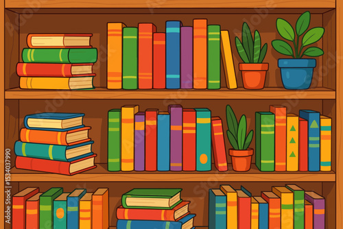 Bookshelf with colorful books and houseplants. Vector illustration concept for reading, literature, education, and knowledge. Home library interior, bookstore, or school background.